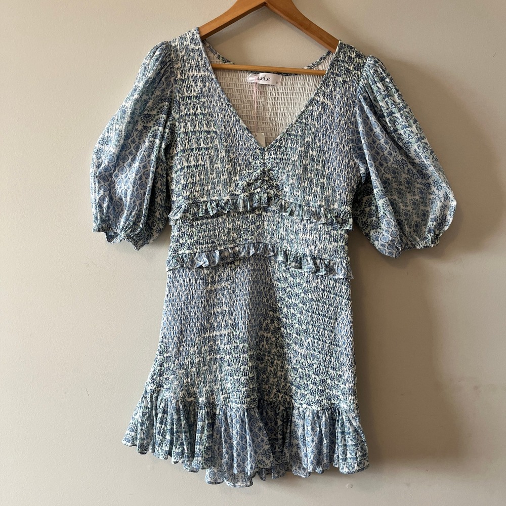LeLe Searcy Smocked Dress Mini Floral Blue White L Puff Sleeve NWT